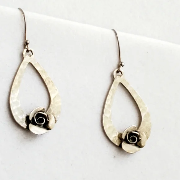 RL Israel Matte Sterling Hammered Teardrop Earrings with Roses - Picture 3 of 8